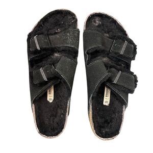 Birkenstock Sandals Mens Sz 11 Black Arizona Suede Shearling Lined Double Strap